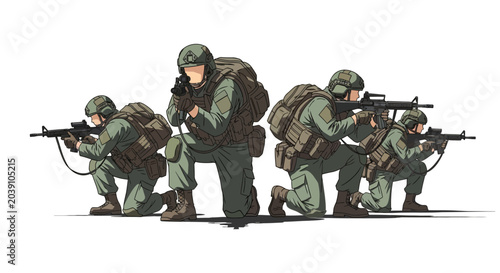 Foto Soldiers in tactical gear kneeling.
