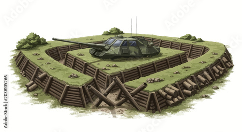 Photos Military tank in fortified bunker.