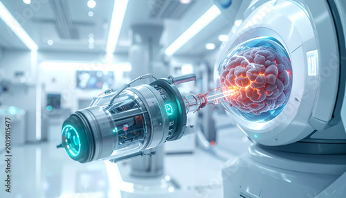 AI Brain Scan: A robotic arm performs an advanced scan on a glowing, intricate human brain model within a sterile, futuristic laboratory environment.