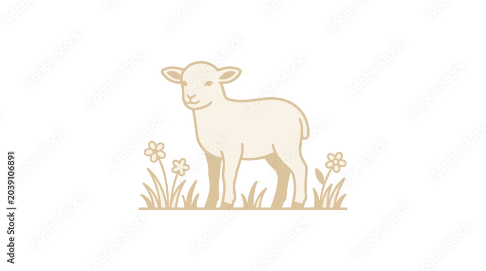 Obraz premium Cute Lamb Vector Illustration with Flowers and Grass