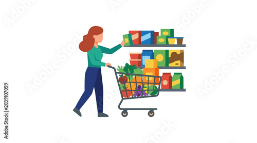 Billede på lærred Woman pushing shopping cart filled with groceries in supermarket aisle
