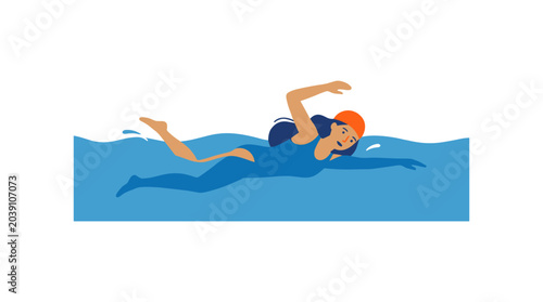Quadro em tela Woman swimming freestyle in blue water wearing orange cap and blue swimsuit vect
