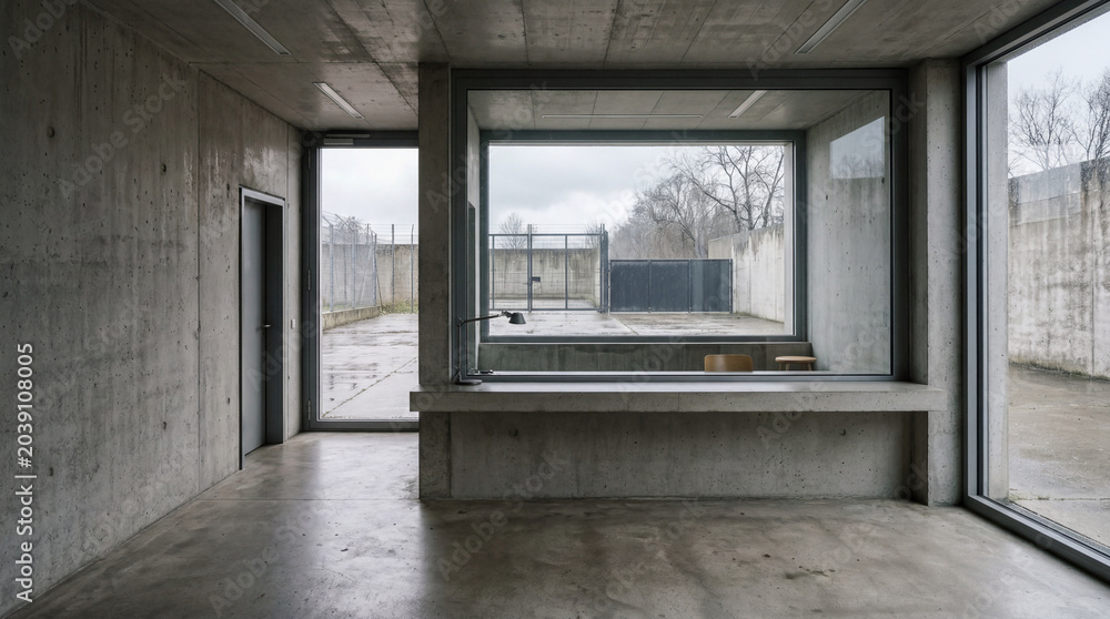 Fototapeta premium Empty Minimalist Security Checkpoint Interior Featuring Concrete Counter And Single Glass Window Looking Out View