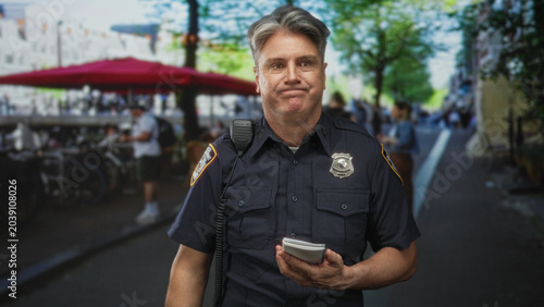 Obraz na płótnie Policeman in uniform holding a notepad and radio, hand on forehead while reading notes on a busy street lined with cafes and bicycles; fatigue concern