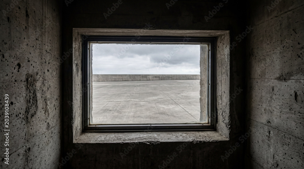 Fototapeta premium Interior Look Through Minimalist Concrete Bunker Window Framing Perfectly Empty Industrial Courtyard Outside View Architecture