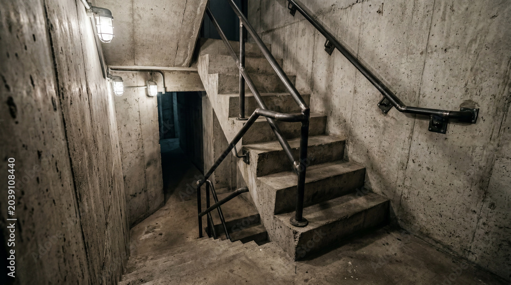 Fototapeta premium Minimalist raw concrete staircase interior design inside underground military bunker showing sharp dramatic angles architecture