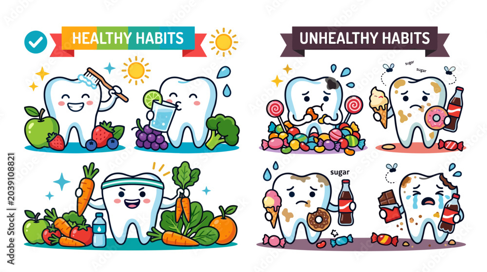 Fototapeta premium Healthy Habits vs Unhealthy Habits for Teeth Cartoon Illustration