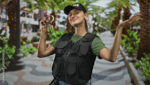 Εκτύπωση καμβά Police officer woman holding handcuffs on a palm tree lined street, arms raised in a shrugging gesture; authority confidence