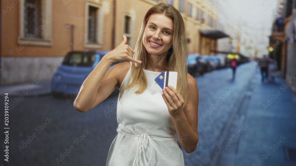 Fototapeta premium Blonde woman holding creditcard and making call gesture on a cobblestone street in a european city with parked cars; cheerful trust convenience.