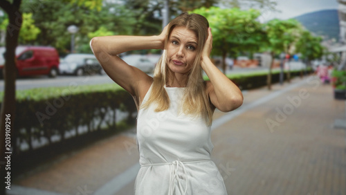 Fotografi Blonde woman covering ears with hands on street lined with trees and parked cars; annoyance refusal