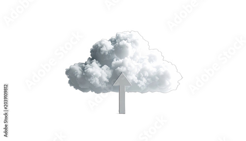 A digital cloud with an upward arrow signifies data upload or technological advancement.