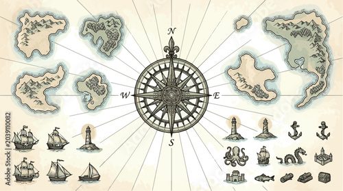 Maritime route map with islands engraving style vector