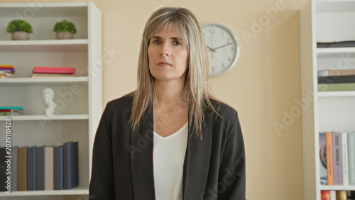 Schilderij op canvas Woman stands with neutral expression by bookshelf and wall clock in a tidy office, wearing black blazer and white blouse, frontal shot; contemplation