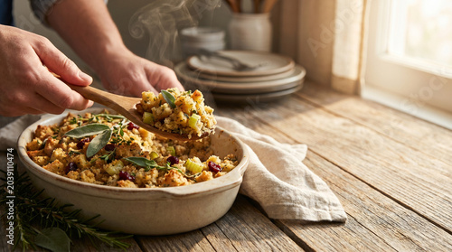 Woman serving savory stuffing with herbs in rustic kitchen  