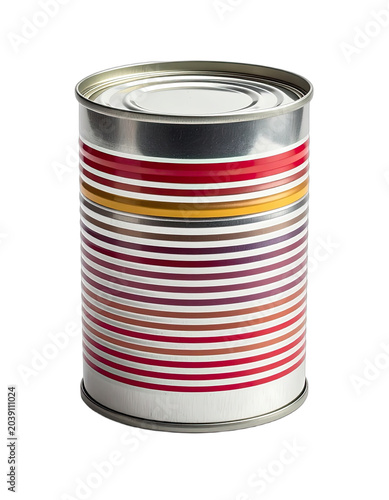 A striped tin can stands isolated on a black background.