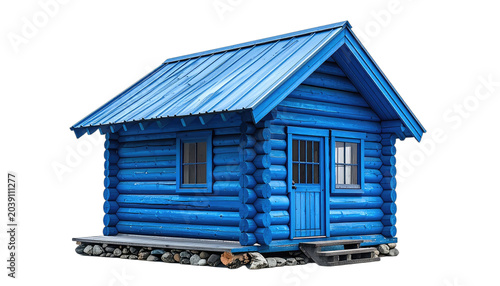 A small blue wooden cabin with a metal roof against a black background.