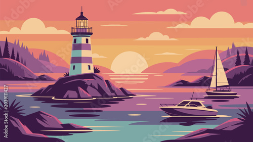 This vibrant digital illustration depicts a scenic coastal lighthouse standing tall on a rocky island with a sailboat and a motorboat floating peacefully in the calm water during a sunset