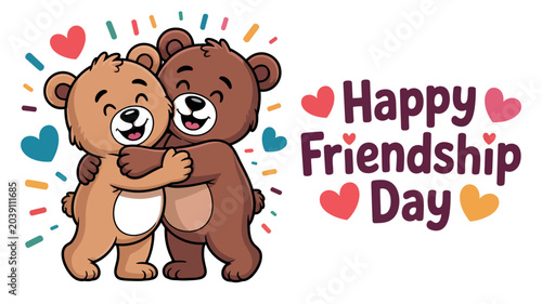 Two adorable brown bears hugging each other tightly to celebrate a happy friendship day event with colorful hearts and decorative elements in this charming and joyful hand drawn cartoon illustration
