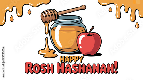A vibrant illustration featuring a glass jar of sweet golden honey with a wooden dipper and a fresh red apple to celebrate the festive Jewish holiday of rosh hashanah today.