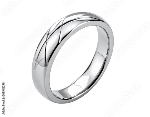 A polished silver ring with a unique criss-cross design rests against a solid black background.