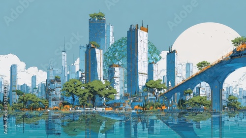Modern cityscape with futuristic elements and reflective water