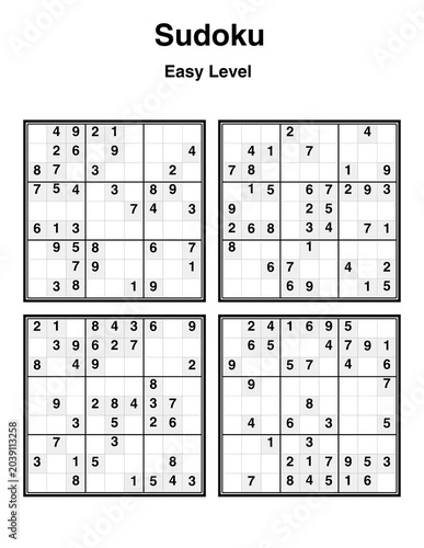 Fotografía Sudoku easy mode four puzzles page layout ready to print for puzzle enthusiasts