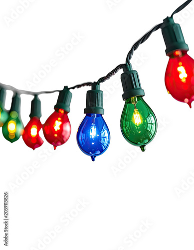 A string of colorful Christmas lights glows against a black background.