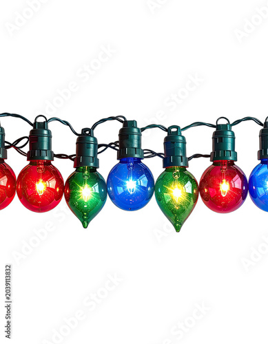 A string of colorful, illuminated Christmas lights on a black background.