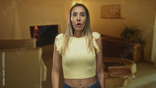 Quadro em tela Woman holding hand to chest in living room studio with startled expression and casual crop top; surprise relief