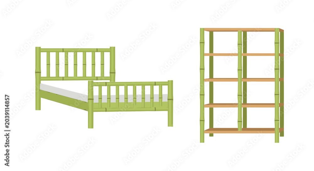 Obraz premium Bamboo Furniture Set with Bed Frame and Shelving Unit