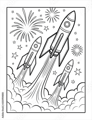 Three rockets flying into starry space as celebration fireworks pop in North America.