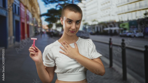 Photography Woman holding pink razor and hand to chest on street, shaved head in white cropped top and subtle smile; self care confidence
