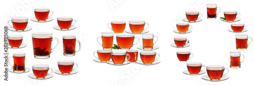 Photos Collection of Tea Cups and Mugs Filled with Hot Black Tea, Set of Various Cerami