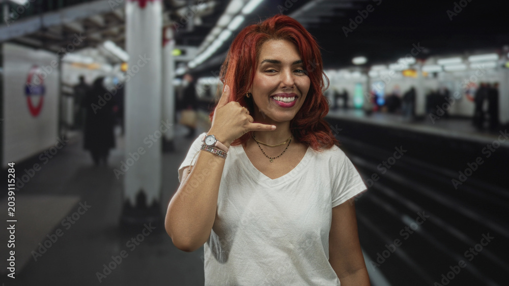 Fototapeta premium Woman showing call hand gesture and smiling in a building platform with visible watch and pillar in frame; playful joy.