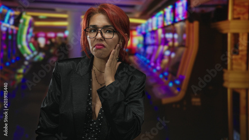 Foto Woman with red hair and glasses touching cheek beside slot machines in a casino building; disappointment risk isolation