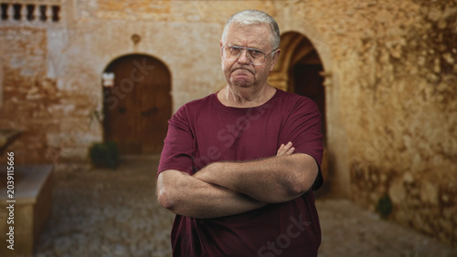 Photos Man senior with arms crossed and glasses frowning in front of an old stone building courtyard, wearing maroon shirt and visible wrinkles on forearms; disapproval