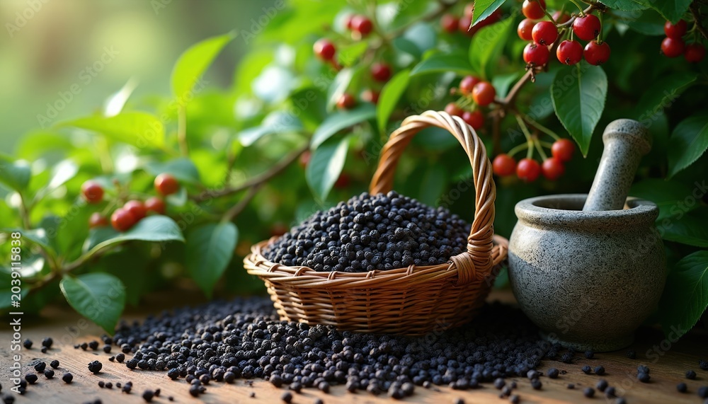Naklejka premium Fresh black peppercorns in basket, stone mortar nearby. Rich green plants with red berries grow in garden. Natural harvest of spice. Rustic farm scene.