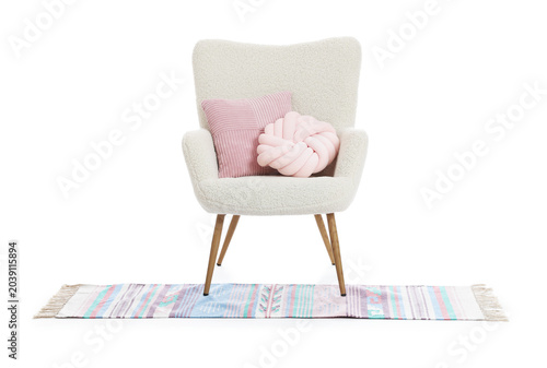 Canvas-taulu Comfortable armchair with cushions and rug isolated on white