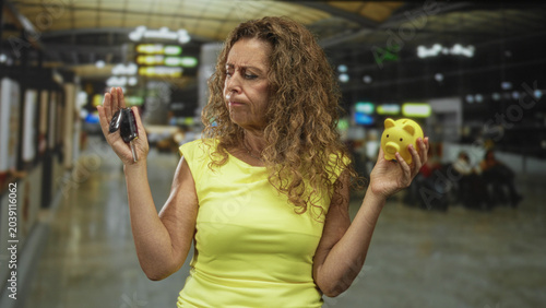 Obraz na plátně Woman holds car keys in one hand and yellow piggy bank in the other, raises hands in a questioning gesture at airport; budget dilemma frustration