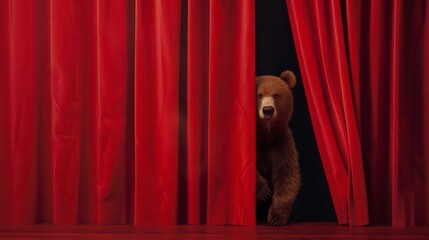 A curious bear peeking from behind a red curtain.