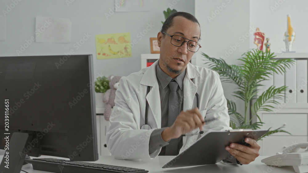 Fototapeta premium Man doctor in white coat holds pen and clipboard, points toward camera in clinic with stethoscope visible; telemedicine consultation reassurance.