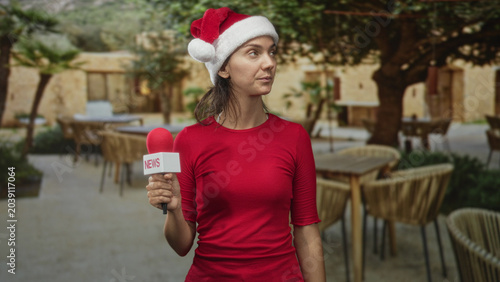 Fotografie Woman holding a microphone and glancing sideways in a building courtyard while wearing a santa hat and red shirt; wry amusement