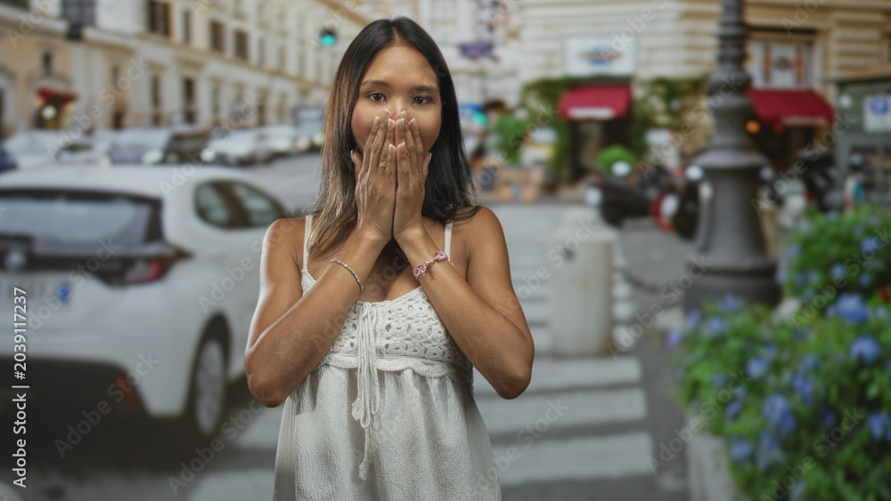 Fototapeta premium Thai woman in a white dress covers mouth with hands on a busy city street near parked cars and flowers; surprise travel memory.
