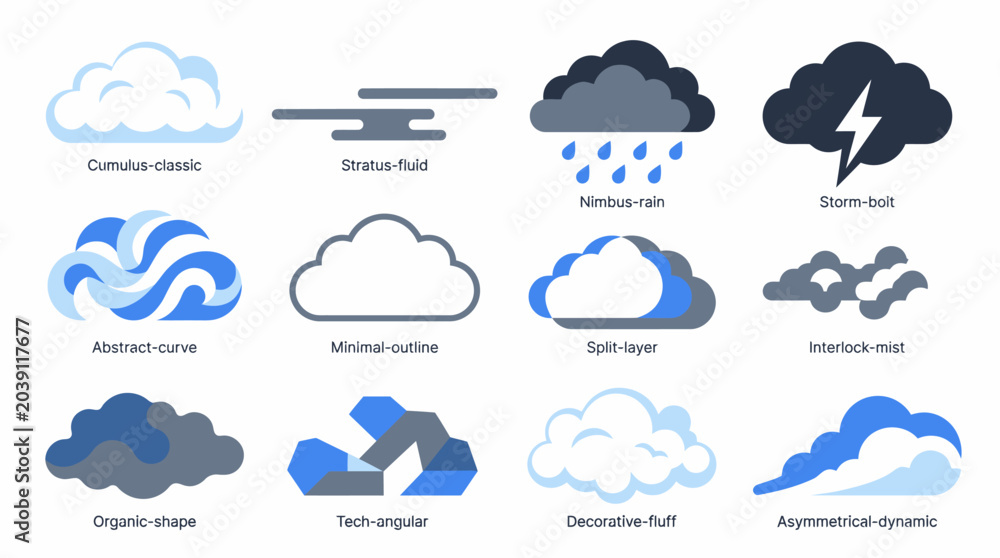 Obraz premium Modern Weather Icon Collection Featuring Diverse Cloud and Storm Illustrations