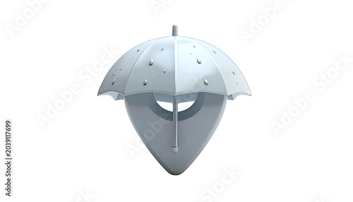 A minimalist 3D render of a silver umbrella with water droplets.
