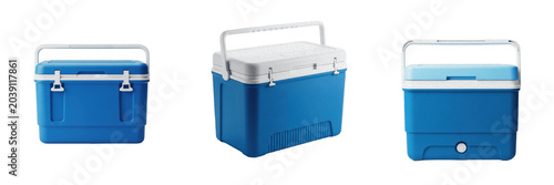 Set of Portable Coolers PNG, Insulated Blue Ice Chests Isolated on White Background, Perfect for Camping, Beach, Picnic, Outdoor Activities, Food Storage, and Travel Gear Design Projects.