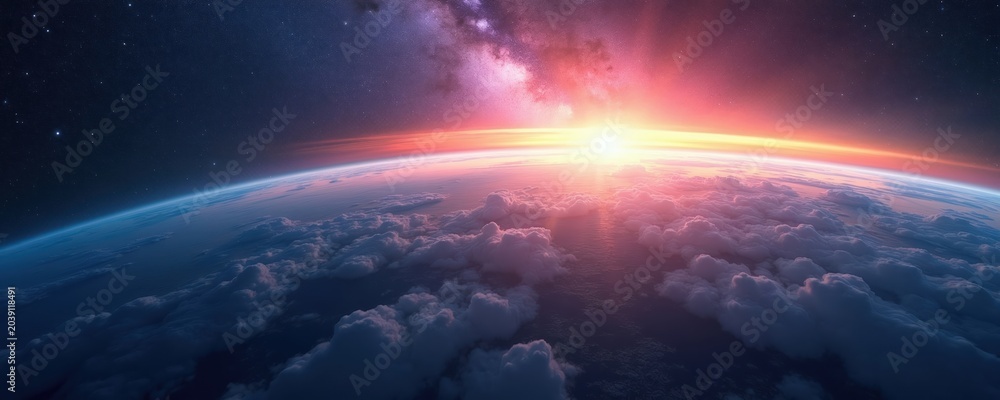 Obraz premium View from space shows planet Earth with clouds at sunrise. Sun light creates orange and pink glow over atmosphere. Stars visible in dark sky.