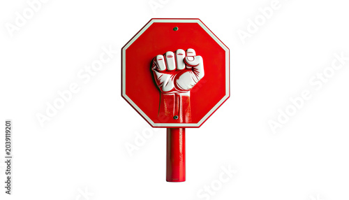 A stop sign with a raised fist graphic against a black background.