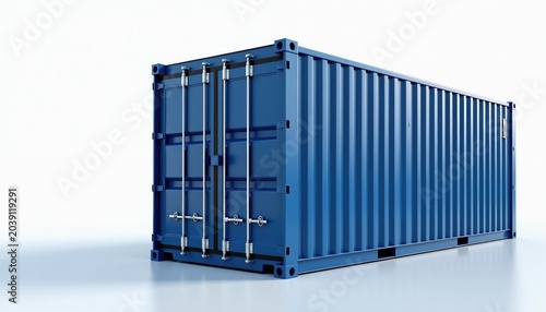 Blue metal cargo container sits on white background. Industrial steel box used for shipping and storage. Transport unit with closed doors and locking mechanism. Global logistics object.