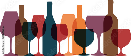 Tableau sur toile Overlapping silhouettes of wine bottles and stemware glasses in various colors